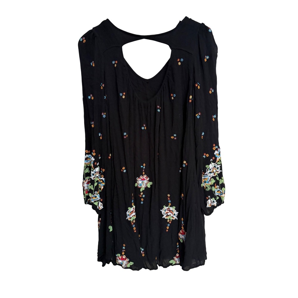 Free People Black Embroidered Mini Dress Womens Medium Long Sleeve Boho V-Neck - Picture 3 of 10